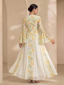 Graceveil Women's French Elegant Yellow Round Neck Double-Layer Flare Sleeve Waist Cinched Dress Bride Printed Dress Yellow Dress Latest Dress Style Vacation - View 3