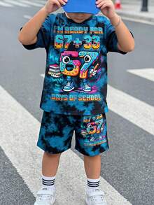 Young Boy's Casual Minimalist T-Shirt Set, Classic Cool Gradient Splash Ink Print, Stylish Cartoon Building Block, Book, Lightning Graphic, Text "I'M READY FOR 67+33 DAYS OF SCHOOL", Suitable For Spring/Summer, Suitable For School - Multicolor - View 2