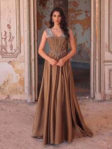 Aureia Elegant Green Satin Mermaid Formal Party Dress Heavily Embellished With Rhinestones Crystals Wedding Guest Bachelorette Evening Gown - Army Green - View 4
