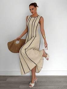 Siren Gaze New Summer Sleeveless Linen Maxi Dress With Beige Detail Slimming Fit - Versatile Style For Bohemian Elegant Beach Vacation Or Daily Commuting - Apricot - View 8