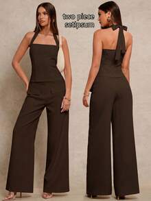 Glamine Bộ 2 món áo crop top ôm eo gợi cảm và quần ống đứng, vải dệt màu mơ, thiết kế đơn giản, dễ phối đồ, bộ sưu tập xuân mới. - màu nâu - Xem 1