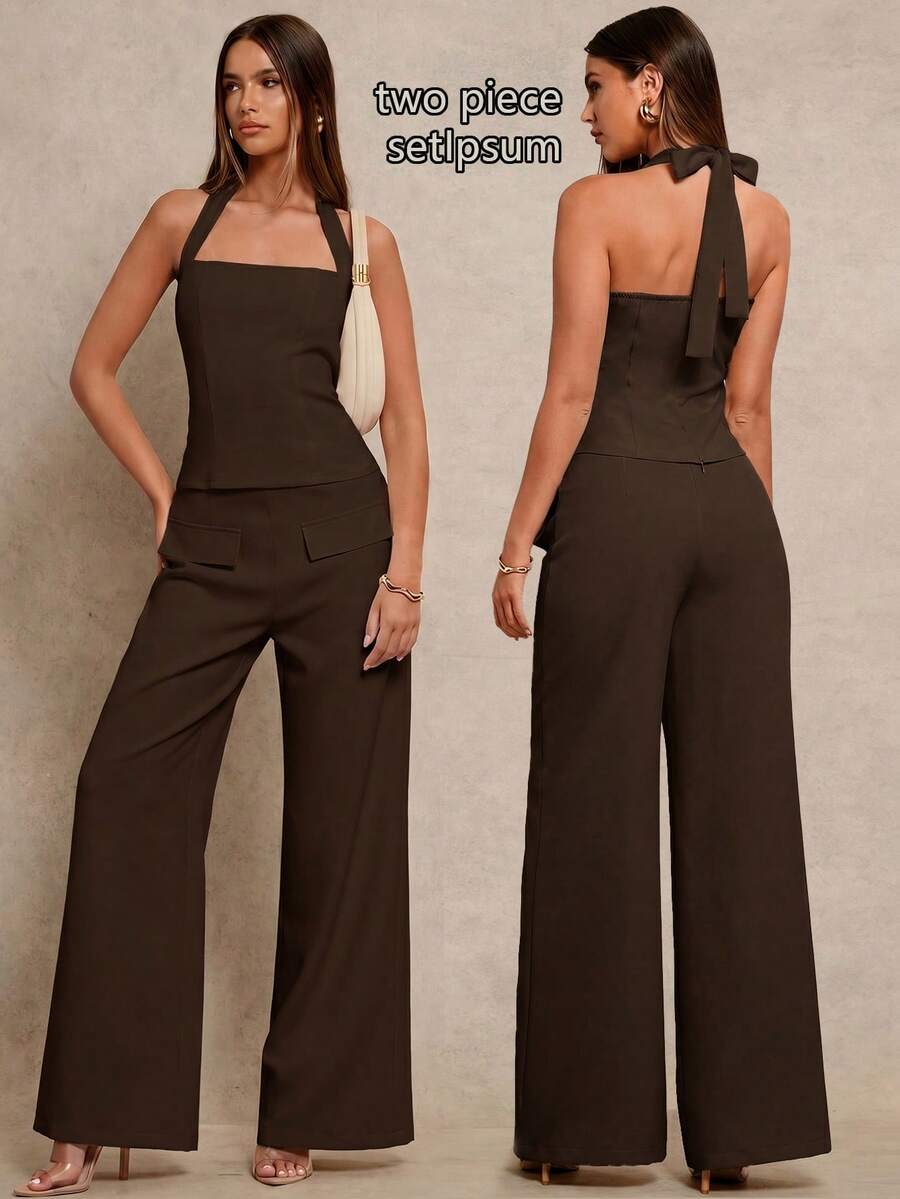 Glamine Halter Tie Waist Slim Sexy Crop Top & Straight Leg Pants 2 Pieces Set, Apricot Woven Fabric, Simple Design, Versatile, New Spring Collection Summer Outfits - Brown - View 1
