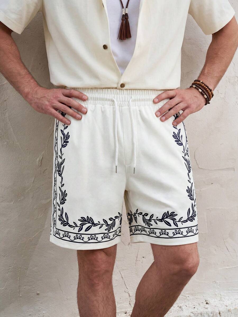INAWLY Men's Summer White Swim Shorts Black Vine Leaf Print Drawstring Beachwear - Black and White - View 1