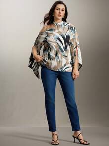 Flouryn Plus Size Women's Random Print Simple Daily Shirt One Shoulder Top Fall - Multicolor - View 8