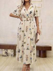 Roveilla Plus Size Women's Beige Boho Allover Print Maxi Dress,Ruffled Short Sleeves,Side Slit,High-Low Hemline,Summer Vacation Holiday Fashionable Outfit - Apricot - View 4