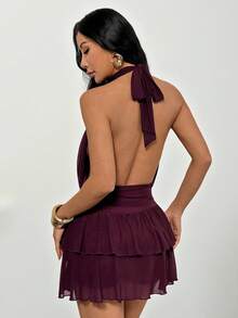 SHEIN PETITE Women's Sexy & Elegant Halter Waist Ruched Ruffle Hem Mini Dress - Purple - View 4