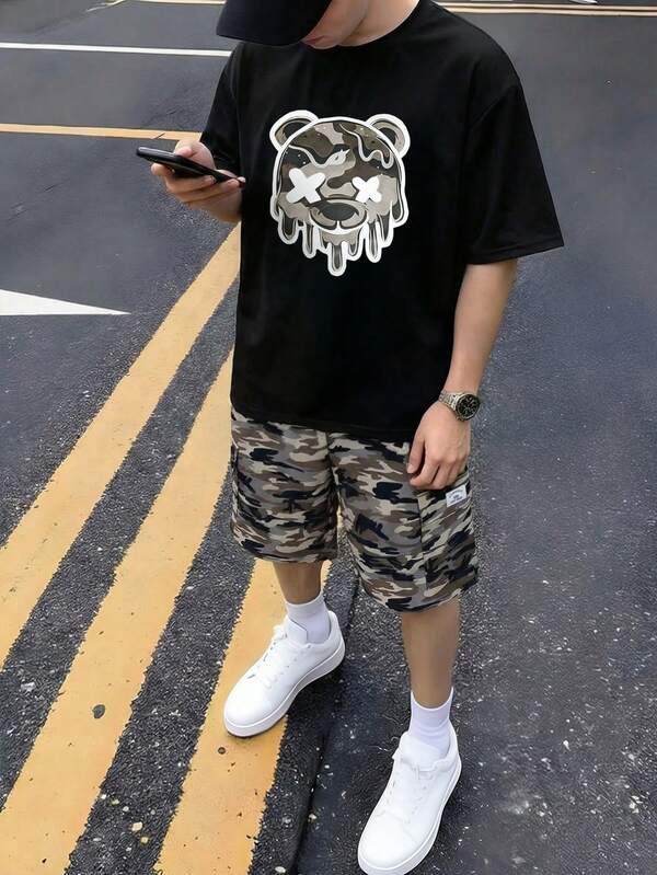 2件套青少年男童休闲迷彩印花圆领口袋时尚通勤套装，夏季