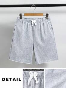 SHEIN 青少年男童夏季休闲毛边抽绳短裤，百搭日常穿着，适合春夏季节、日常穿着、运动、郊游、上学、聚会、节日、拍照等场合。 - 灰色 - 查看 3