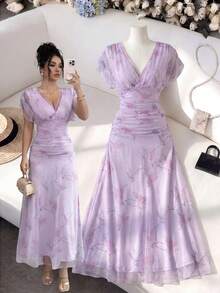 Elenzga Đầm dài nữ màu hồng nhạt, chất liệu lưới, in họa tiết hoa mẫu đơn, có lớp lót, phù hợp cho phụ nữ từ 20-35 tuổi trở lên, dự tiệc tối trang trọng, đám cưới, hẹn hò Valentine (Họa tiết hoa ngẫu nhiên) - Màu tím hoa cà - Xem 1