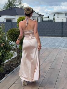Jeta Ari Đầm cami ôm sát màu champagne thanh lịch, chất liệu satin co giãn, xẻ tà bên, dáng maxi dài đi tiệc - Rượu sâm banh - Xem 2