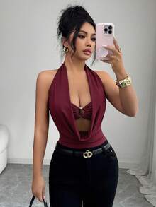 Elenzga 女士时尚性感露背吊带连体衣 - 酒紅色 - 查看 7