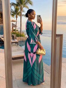 SHEIN CURVE+ Plus Size Women's Vacation Green Plant Print 3/4 Sleeve Dress - Multicolor - View 2