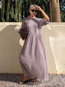 Livesso Women's Contrast Lace Button Half-Placket Long Sleeve Midi Dress - Purple - View 6