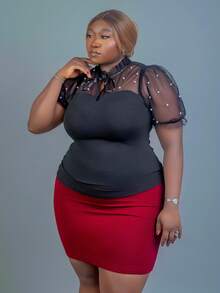 CurvyTilda Damen Große Größen Sommer Mesh Kontrast Schleifen-Kragen Puffärmel T-Shirt - Schwarz - Übersicht 6