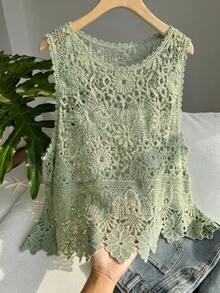 SHEIN EZwear 大码橄榄绿纯色圆领夏季针织背心，女士，春夏款 - 橄欖綠 - 查看 6