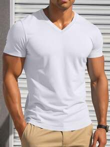 Manfinity Homme 男士3件組休閒純色V領短袖T恤，適合夏季與度假多穿搭 - 彩色 - 查看 3