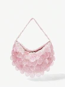 Viva Strut Ladies, Women Pink Imitation Round Seashell Pieces Top Handle Bags, Handmade Bag, Fashionable, Simple, Personalized, Versatile, Sweet And Cool Girls, Hot Girls, For Beach, Vacation, Holiday, Summer, Seaside, Beach Party - Pink - View 1