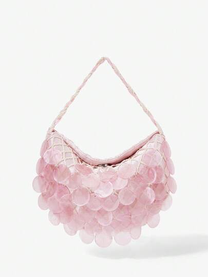 Viva Strut Ladies, Women Pink Imitation Round Seashell Pieces Top Handle Bags, Handmade Bag, Fashionable, Simple, Personalized, Versatile, Sweet And Cool Girls, Hot Girls, For Beach, Vacation, Holiday, Summer, Seaside, Beach Party