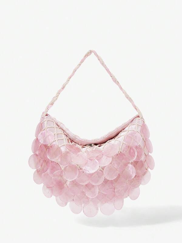 Viva Strut Ladies, Women Pink Imitation Round Seashell Pieces Top Handle Bags, Handmade Bag, Fashionable, Simple, Personalized, Versatile, Sweet And Cool Girls, Hot Girls, For Beach, Vacation, Holiday, Summer, Seaside, Beach Party