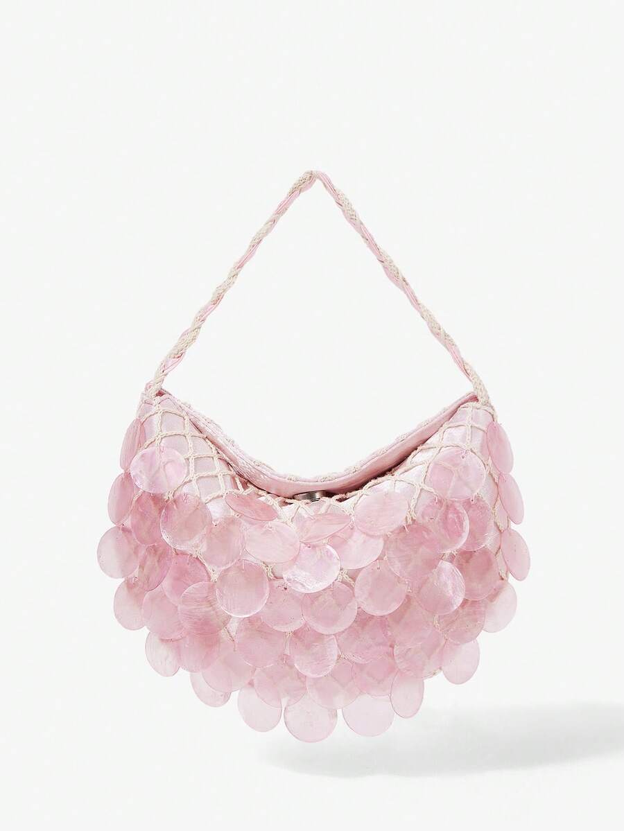 Viva Strut Ladies, Women Pink Imitation Round Seashell Pieces Top Handle Bags, Handmade Bag, Fashionable, Simple, Personalized, Versatile, Sweet And Cool Girls, Hot Girls, For Beach, Vacation, Holiday, Summer, Seaside, Beach Party - Pink - View 1