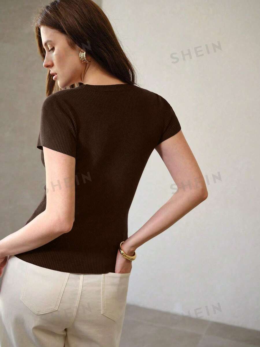 MOTF PREMIUM WOMEN'S CASUAL SOLID COLOR SHORT SLEEVE FITTED KNIT TOP - Coffee Brown - View 2