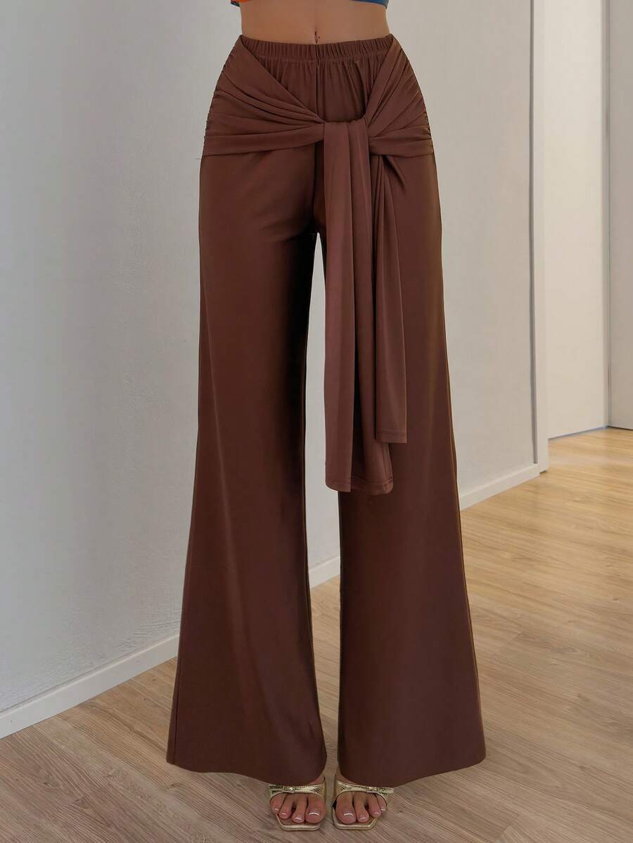 SHEIN Glamour Quần nữ buộc dây kiểu dáng thường ngày - màu nâu - Xem 1