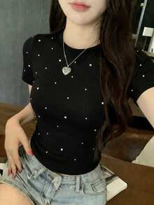 DAZY Áo thun nữ cổ tròn tay ngắn in chấm bi, dáng ôm, phong cách thường ngày. - màu đen - Xem 4