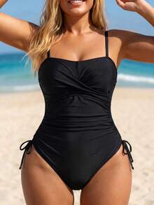 SHEIN Swim Plus Size Women Solid Color One-Piece Spaghetti Strap Criss-Cross Front Drawstring Waist Beach Swimsuit - Black - View 5