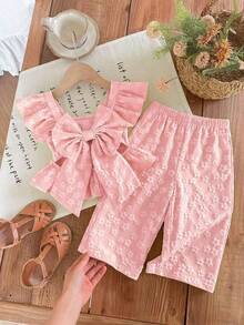 2 Pieces Baby Girl Summer Casual Color-Blocked Ruffled Shirt And Trousers Set - Baby Pink - View 1