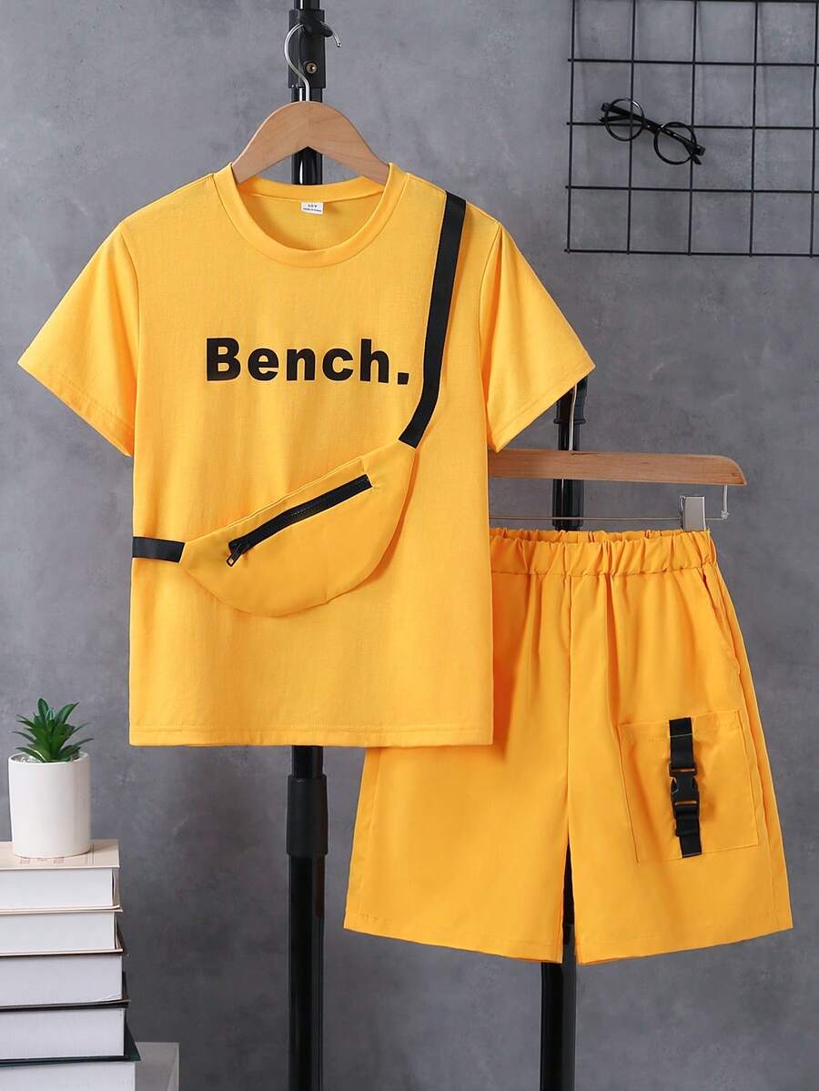 3pcs/Set Boys' Letter Print T-Shirt, Cargo Shorts With Pocket & Mini Crossbody Bag, Fashionable Outfit For Outdoor Activities In Spring/Summer - Yellow - View 1
