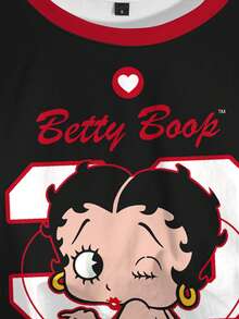 Betty Boop x SHEIN X 女士休闲印花圆领短袖露脐T恤 - 白色 - 查看 3