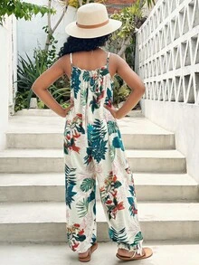 SHEIN 青少年女孩休闲夏季度假风格宽松热带植物印花吊带连体裤夏季灯笼裤夏威夷连体裤 - 彩色 - 查看 2