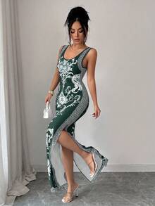 SHEIN Elenzya Exquisite Printed Chinoiserie Waist-Cinching Slit Luxurious Retro Middle Eastern UAE Style Robe, Tight Fit, Multi-Color, Sleeveless - Dark Green - View 7