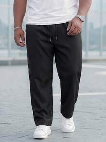 Manfinity Homme 大码男士休闲纯色抽绳运动裤，宽松直筒休闲黑色休闲裤，秋季 - 黑色 - 查看 3