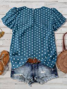 EMERY ROSE Women's Polka Dot Ruffle Double Layer Sleeve Casual Blouse - Dusty Blue - View 2
