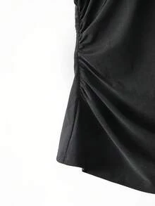 GlowEve CURVE 大码女式优雅圆领荷叶边下摆短袖纯色衬衫，百搭浅桃色 - 黑色 - 查看 4