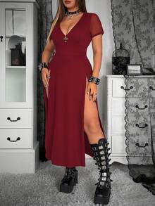 Whyspr Dark-Colored High Slit Sexy Long Flare Sleeve Dress - Burgundy - View 6