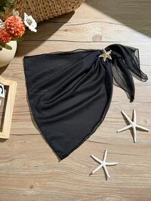 SHEIN Black Solid Color Minimalist Chiffon Dress With Starfish Decor, Suitable For Teenagers (Girls), Vacation, Summer, Beach, Swimming Pool, Party - Black - View 4