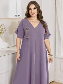 Al Najma Vestido largo de manga corta de unicolor, talla grande, estilo turco y árabe para mujeres - Morado - Ver 3