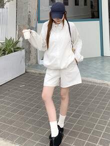 DAZY Women's Casual Loose Long Sleeve Jacket & Shorts 2 Pieces Set, Streetwear Style - White - View 4