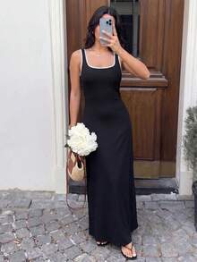 Silhoulove Women's Contrast Color Embroidered Square Neck Sleeveless Elastic Knit Maxi Dress Wedding Guest Vacation Black Summer Elegant Casual Holiday - Black and White - View 6