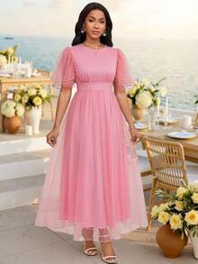 SHEIN Lady Vestido feminino elegante de verão, cor sólida, gola redonda, cintura marcada e comprimento midi. - Rosa Empoeirado - Ver 5