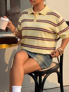 Muchica Plus Size Mustard Yellow Striped Knit Top - Pale Yellow - View 4