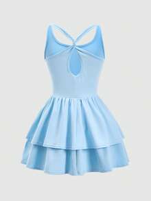 SHEIN 少女休闲运动纯色交叉露背无袖运动连衣裙 - 淺藍色 - 查看 2