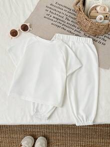 SHEIN 女嬰 2件/套 春季女童休閒運動日常風格 寬鬆刺繡裝飾套裝，短澎澎袖圓領上衣&條紋裝飾長褲 - 白色 - 查看 2