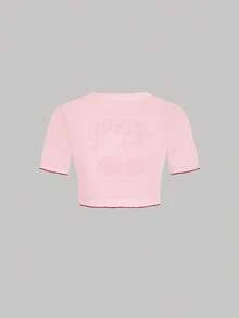 SHEIN MOD 女士甜美樱桃字母印花短袖上衣和撞色滚边比基尼三件套，适合海滩和度假穿着 - 粉色 - 查看 7