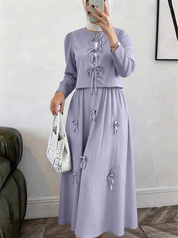 Solavon Women's Light Purple Modest 2 Pieces Set,Elegant Knot Front Long Sleeve Top And Skirt Linen Sets For Summer,Tea Party, Al-Adha,Casual Solid Outfits