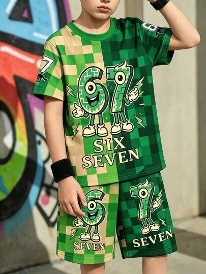 Set de 2 piezas de ropa informal deportiva para niño preadolescente en color verde, camiseta de manga corta + pantalones cortos, con patrón de cuadrícula de píxeles y estampado del dígito 67, conjunto cómodo para la escuela, deportes, uso diario, adecuado para primavera/verano