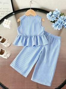 SHEIN Elladie kids Bộ 2 món cho bé gái: Áo sát nách kẻ sọc viền bèo + Quần ống rộng suông, phù hợp mặc thường ngày, đi biển, ở nhà, đi công viên, dã ngoại, đi học mùa hè - Màu xanh lam - Xem 2