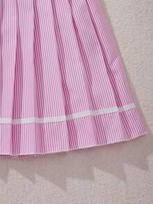 Sparklyn Tween Girl Striped Print Sleeveless Shirt Paired With Plaid Pleated Skirt - Pink - View 5